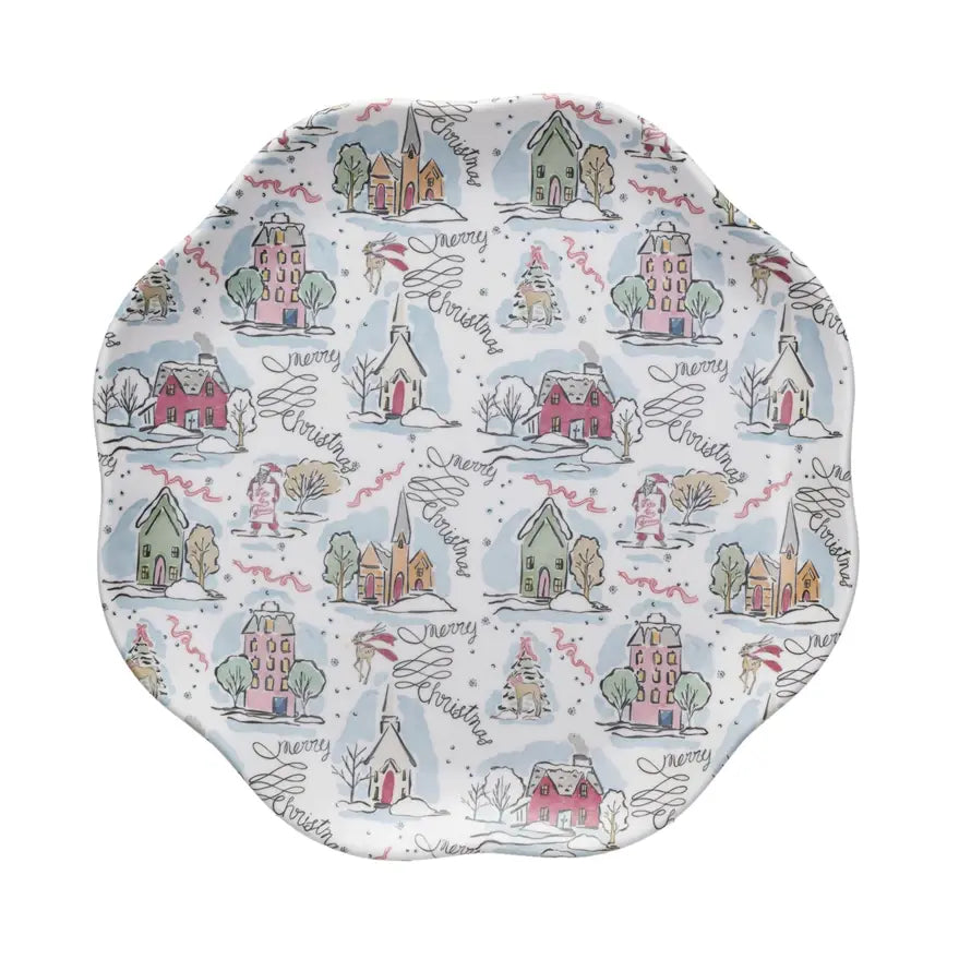 Merry Christmas Scalloped Bamboo Melamine Plate | 11in