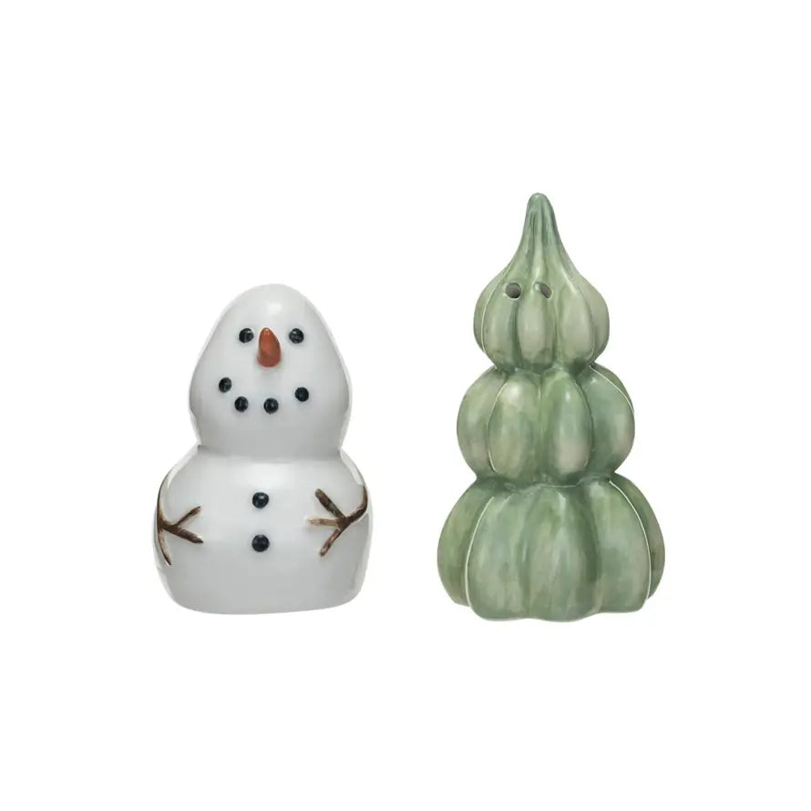 Snowman  + Tree Stoneware Salt + Pepper Set | 3.5in