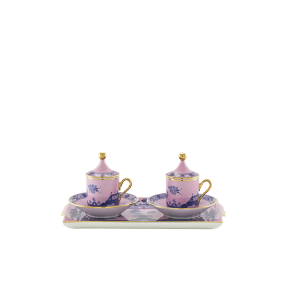 Ginori 1735 Oriente Italiano Azalea Coffee Set of 2 with Tray | 7Piece