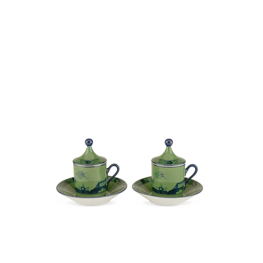 Ginori 1735 Oriente Italiano Malachite Coffee Cup with Plate + Cover
