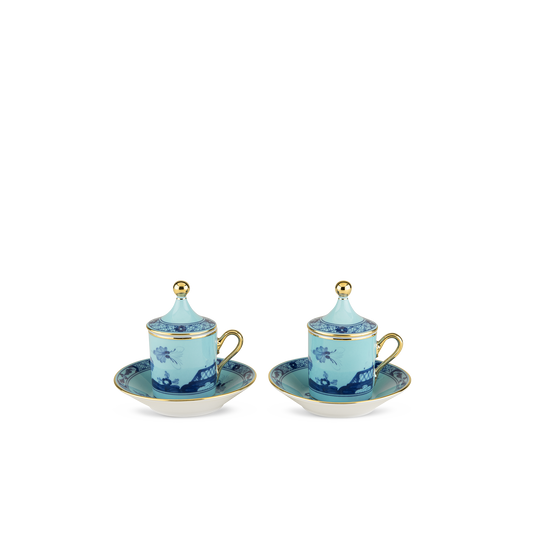 Ginori 1735 Oriente Italiano Iris Coffee Cup with Plate + Cover