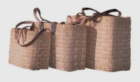 Palmleaf + Leather Handwoven Long Handle Market Tote Bag Set of 3 | 17x12x10in