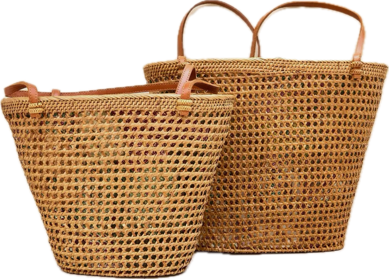 Open Vine + Brown Leather Handwoven Tote Bag | 11x10x7in