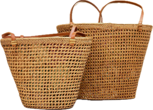 Open Vine + Brown Leather Handwoven Tote Bag | 11x10x7in