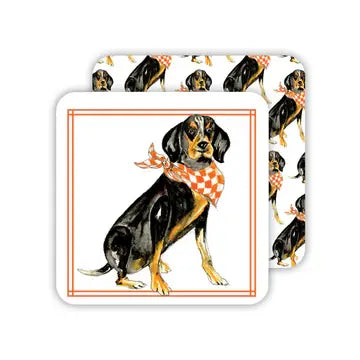 Square Coaster Hound with Orange + White Bandana | Set of 20