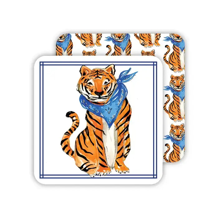 Square Coaster Tiger with Blue Bandana | Set of 20
