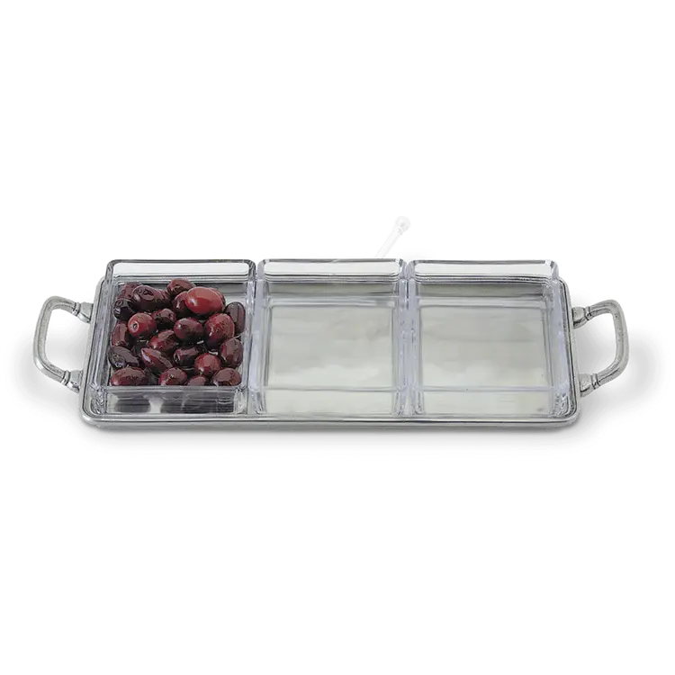 Match Pewter Crudite Tray with Handles + Crystal Inserts | 13.8x5.3in