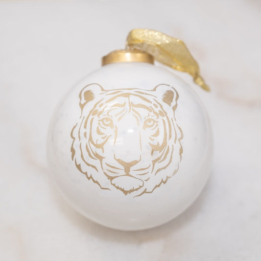 Tiger Glass Ornament White/Gold 4"