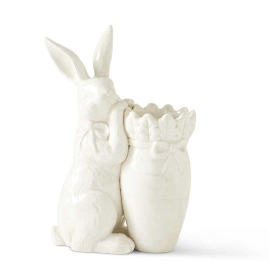 12" White Rabbit And Carrot Vase