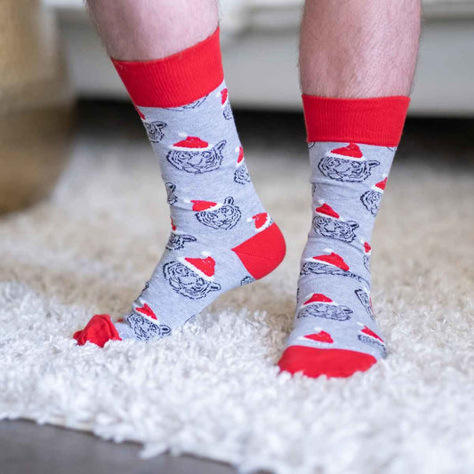 Tiger Santa Socks | Grey + Red One Size