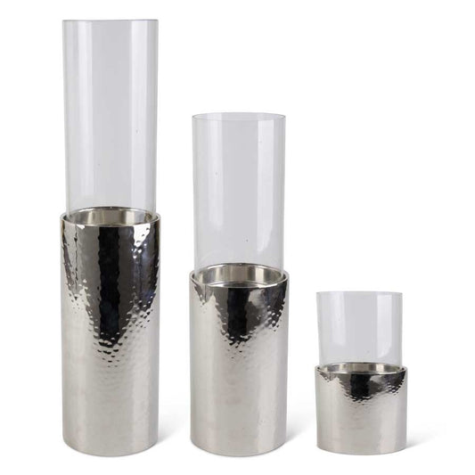 Silver Pillar Candleholders With Hammered Finish