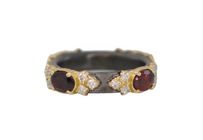 Garnet + Diamond Blackened Sterling Silver + 18k Yellow Gold Station Band | S7