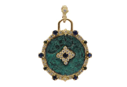 Sueno 18kt yellow gold 36 mm  round artifact enhancer with crivelli, blue sapphire, green tourmaline and white diamonds with teal patina Enhancer Size 1