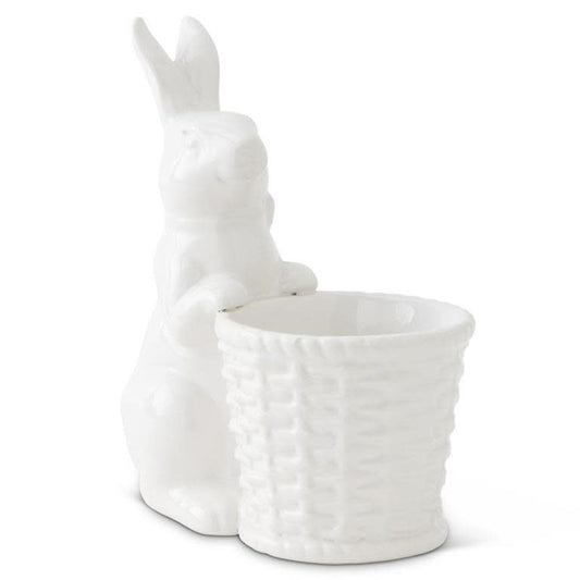 6" White Ceramic Bunny Holding Basket