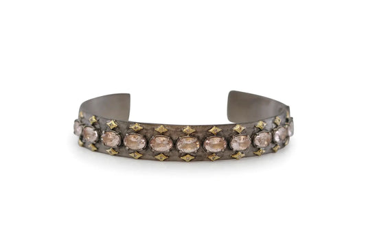 18k yellow gold and grey sterling silver kick cuff with crivelli, champagne diamonds and oval peach morganite. BRACELET Size 7.5