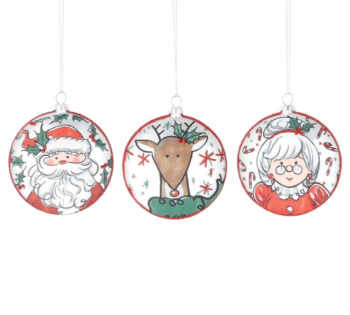 Mr. & Mrs. Claus, Rudolph Round Ornament Assorted