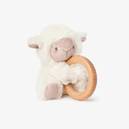 Plush Wooden Ring Rattle | Cream Lamb