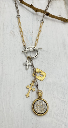 Kitzi Gold and Rhodium Paperclip Chain Toggle with Cross Charms Necklace