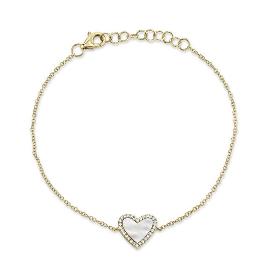 Diamond + Mother Of Pearl Heart Bracelet | 14k Yellow Gold .09c + .56c