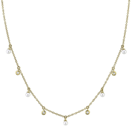 Diamond + Cultured Pearl Necklace | 14k Yellow Gold .04c