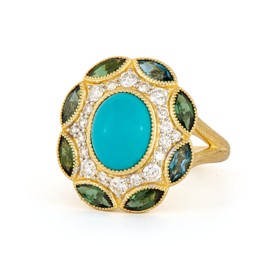 Moroccan Trinity Diamond Chrysophrase + Tsavorit Ring | S6.5 .436c 18k Yellow Gold