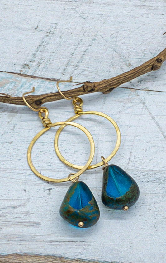 Kitzi Gold Open Circle & Blue Gem Drop Earrings