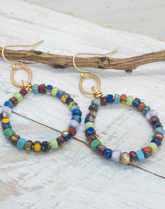Kitzi Beaded Confetti Gold Open Circle Drop Earrings