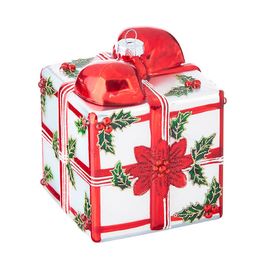 Poinsettia with Plaid Gift Box Ornament 5"