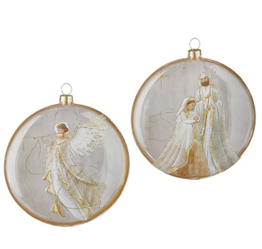 Holy Family and Angel Oval Disc Ornament with Snow | 5.5in