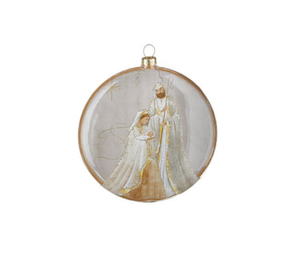 Holy Family and Angel Oval Disc Ornament with Snow | 5.5in