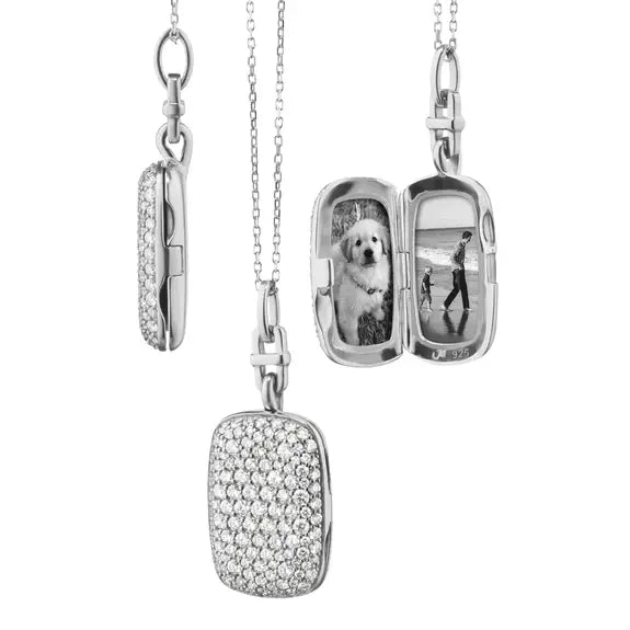 Slim Fran Sterling Silver Locket White Sapphires + Mini Diamond-Cut Chain Necklace| 1.51c 16+2in Sterling Silver