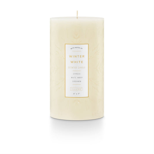 Winter White Etched Pillar Candle | 4x7in
