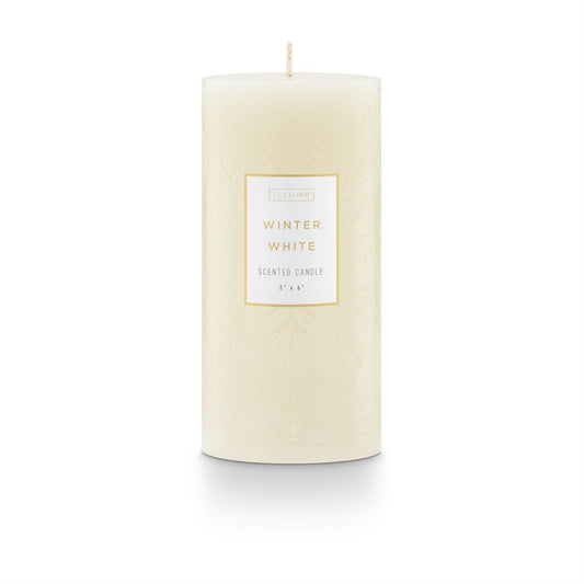Winter White Etched Pillar Candle | 3x6in