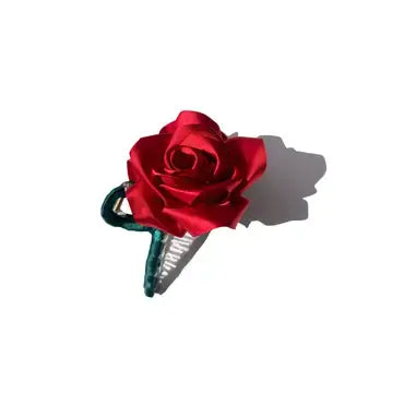 Handmade Satin Claw Clip | Red Rose Stem