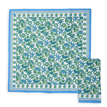 Block Print Cloth Napkin Set of 4 | Green + Blue