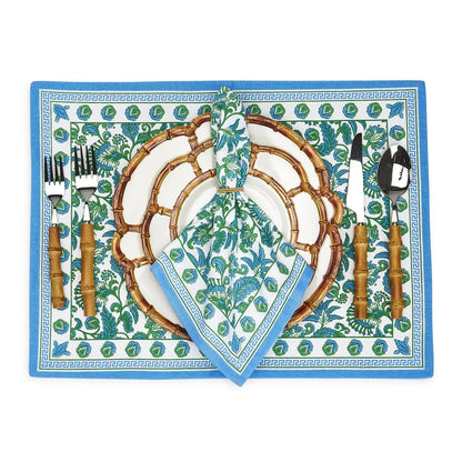 Block Print Cloth Napkin Set of 4 | Green + Blue