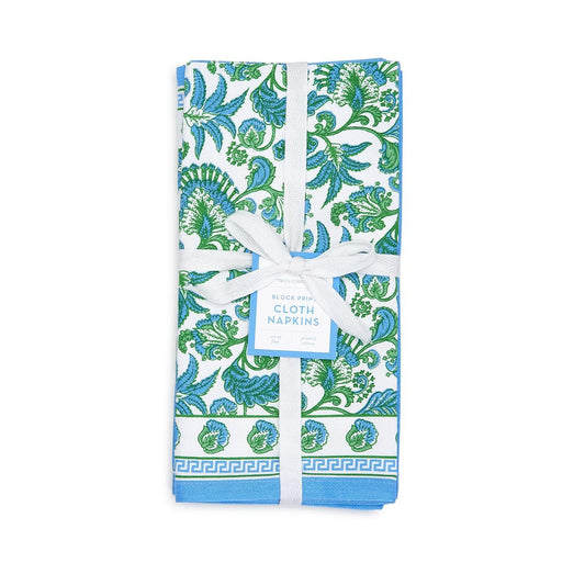 Block Print Cloth Napkin Set of 4 | Green + Blue