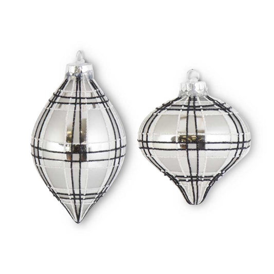 Black Gray and Silver Tartan Plaid Glass Ornaments