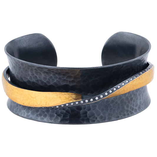 Hammered Gold + Oxidized Silver Twist Diamond Open Cuff Bracelet