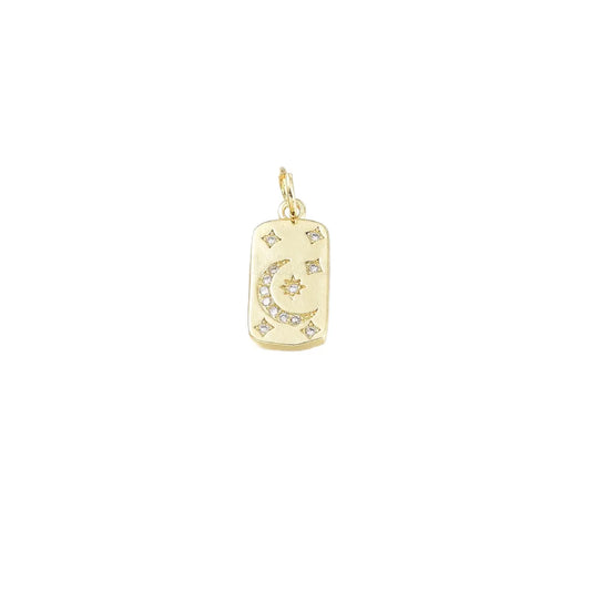 Crescent + Stars Dog Tag Charm Pendant | 18kgp