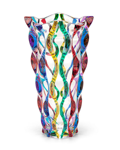 Murano Italian Crystal Vase | Ribbons Rainbow 12in