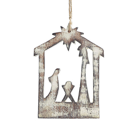 Whitewashed Wood Holy Family Ornament