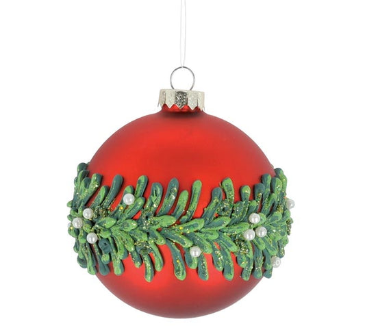 Red Round Ornament With Raised Green Wreath