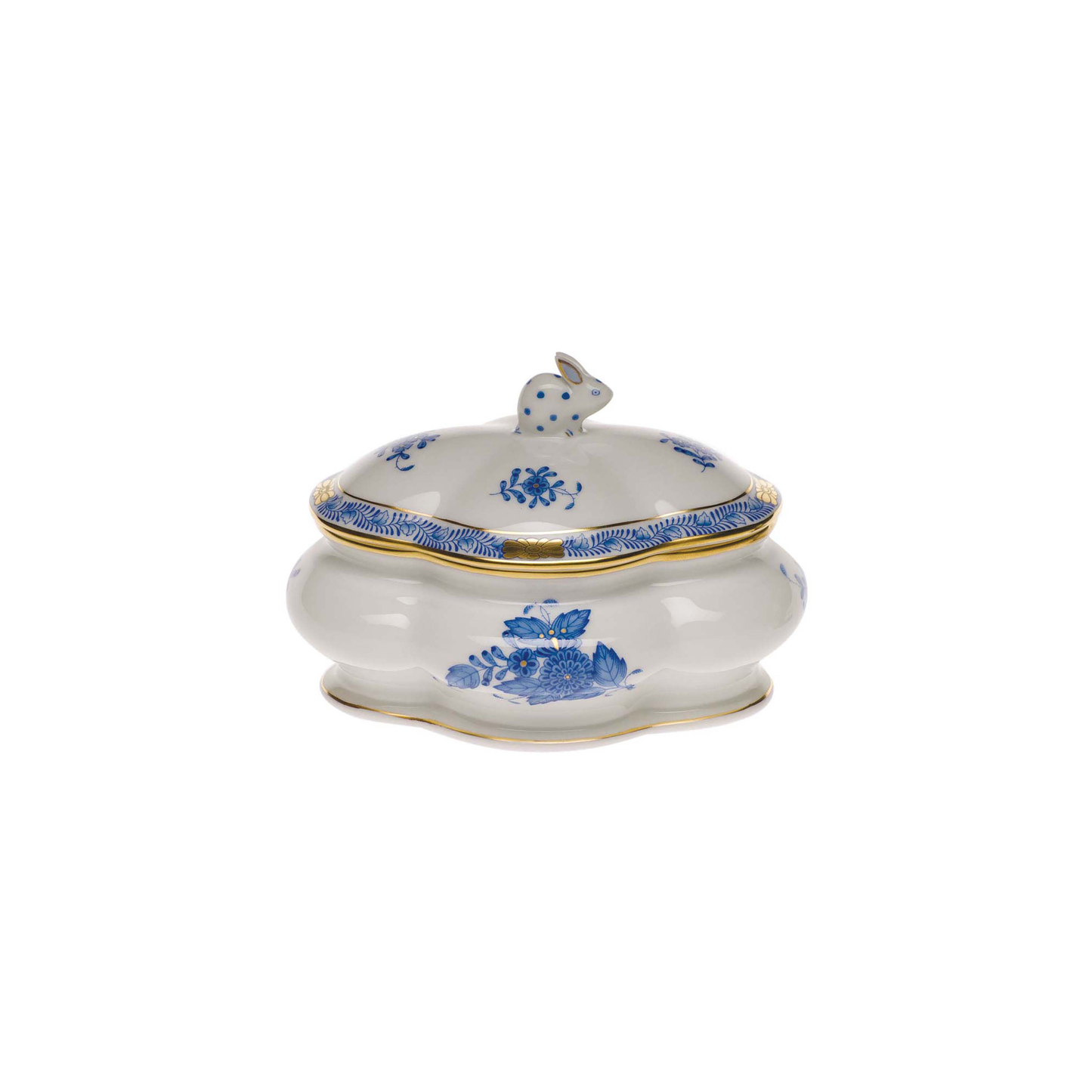 Herend Chinese Bouquet Blue Covered Bonbon Box with Bunny |  5x4in