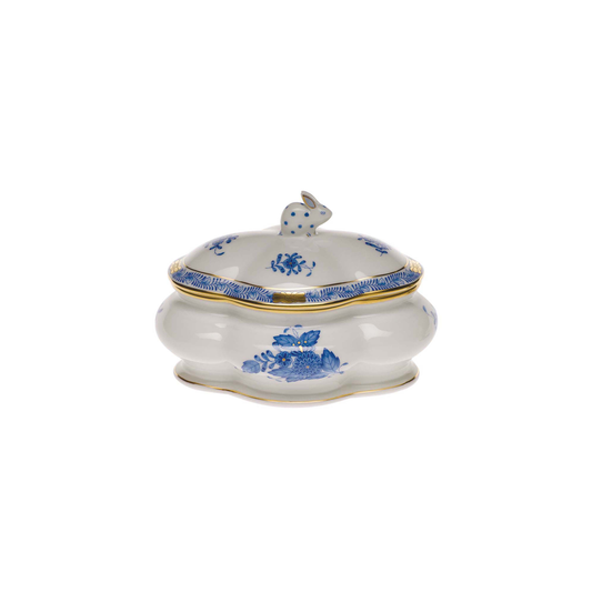 Herend Chinese Bouquet Blue Covered Bonbon Box with Bunny |  5x4in