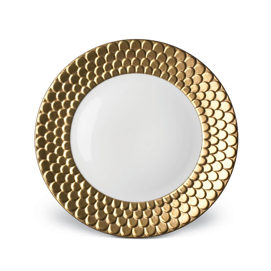 L'Objet Aegean Sculpted White 24k Gold Hand Painted Porcelain Dinner Plate | 10.5in