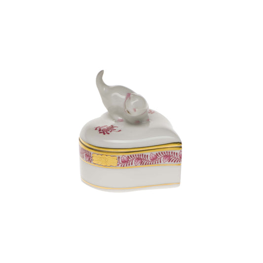 Herend Chinese Bouquet Raspberry Heart Box with Cat | 2.75in