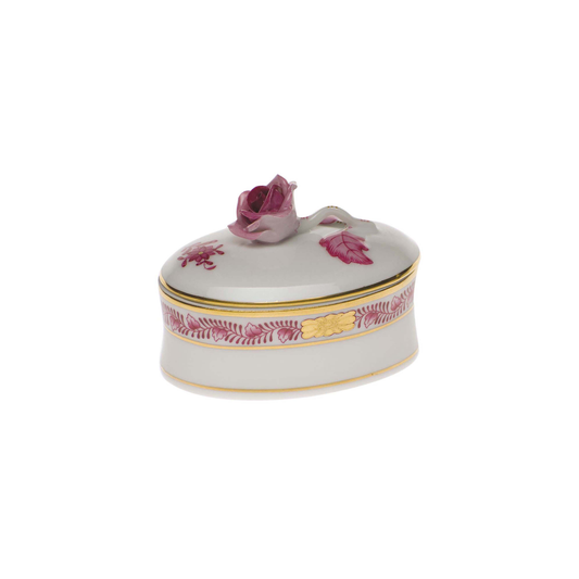 Herend Chinese Bouquet Raspberry Oval Box with Rose | 2.75x2in