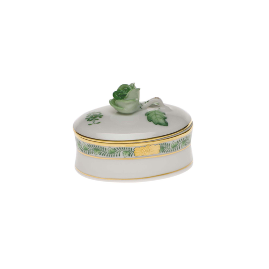 Herend Chinese Bouquet Green Oval Box with Rose | 2.75x2in