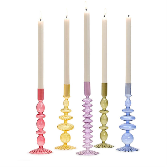 Hand-Blown Glass Taper Candlestick Holder Set of 5 | Assorted Jewel Tones